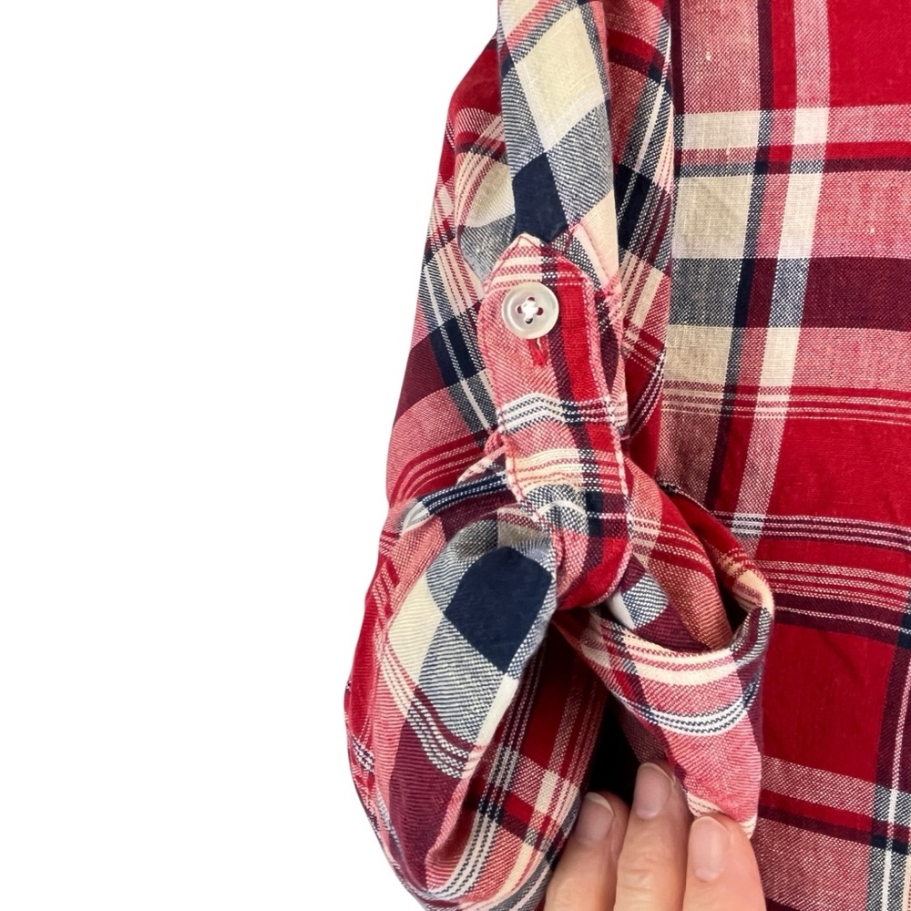 VTG Lauren Ralph Lauren 100% Linen Plaid Button Up Shirt Navy Red Off-White S/M - Picture 12 of 14